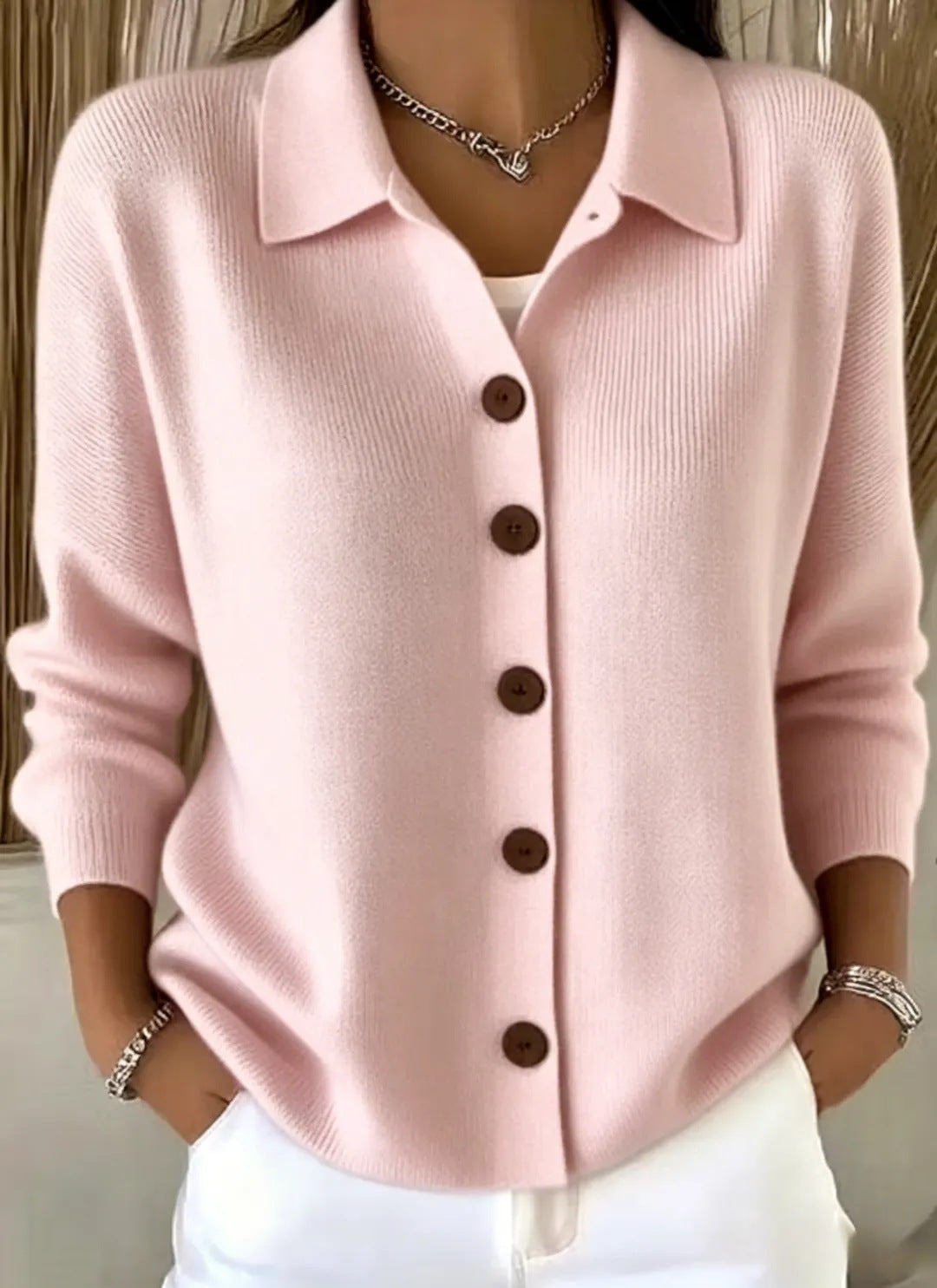 Collar Wooden Button Knit Cardigan