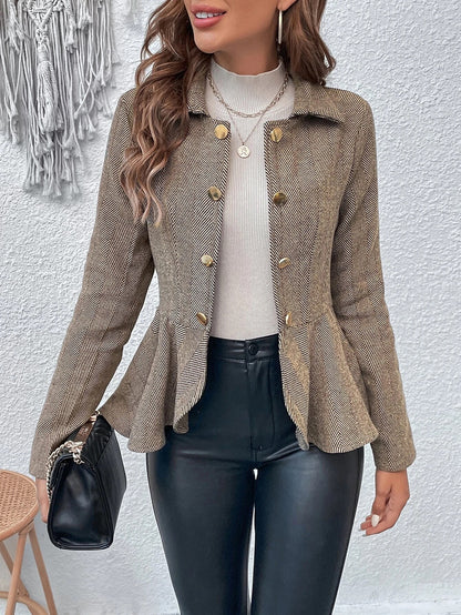 Herringbone Peplum Button‑Front Collared Jacket