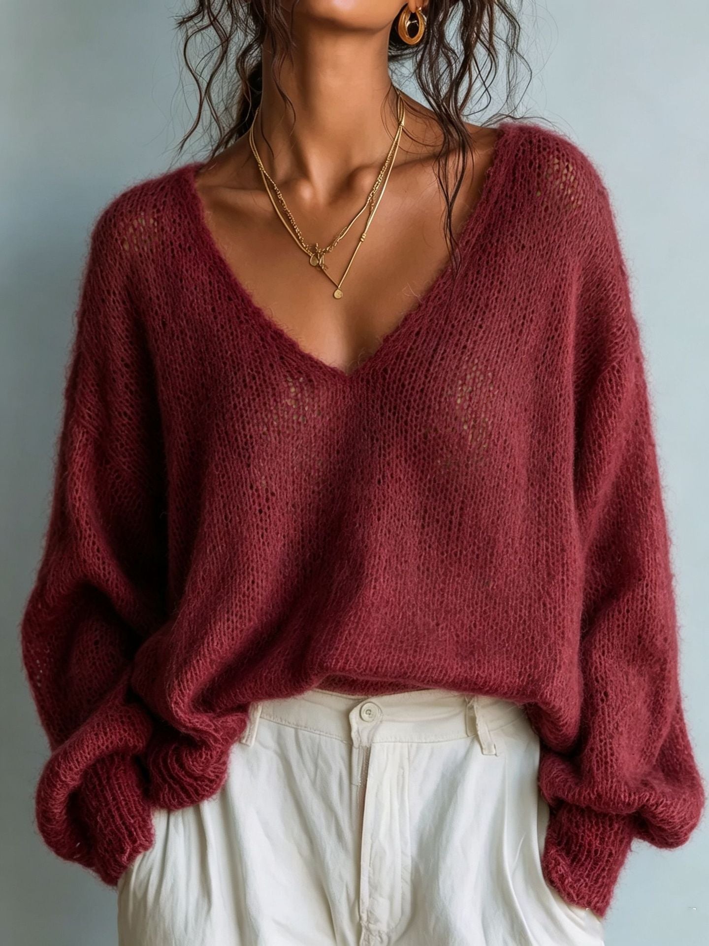 Lightweight Knit V-Neck Relaxed Sweater