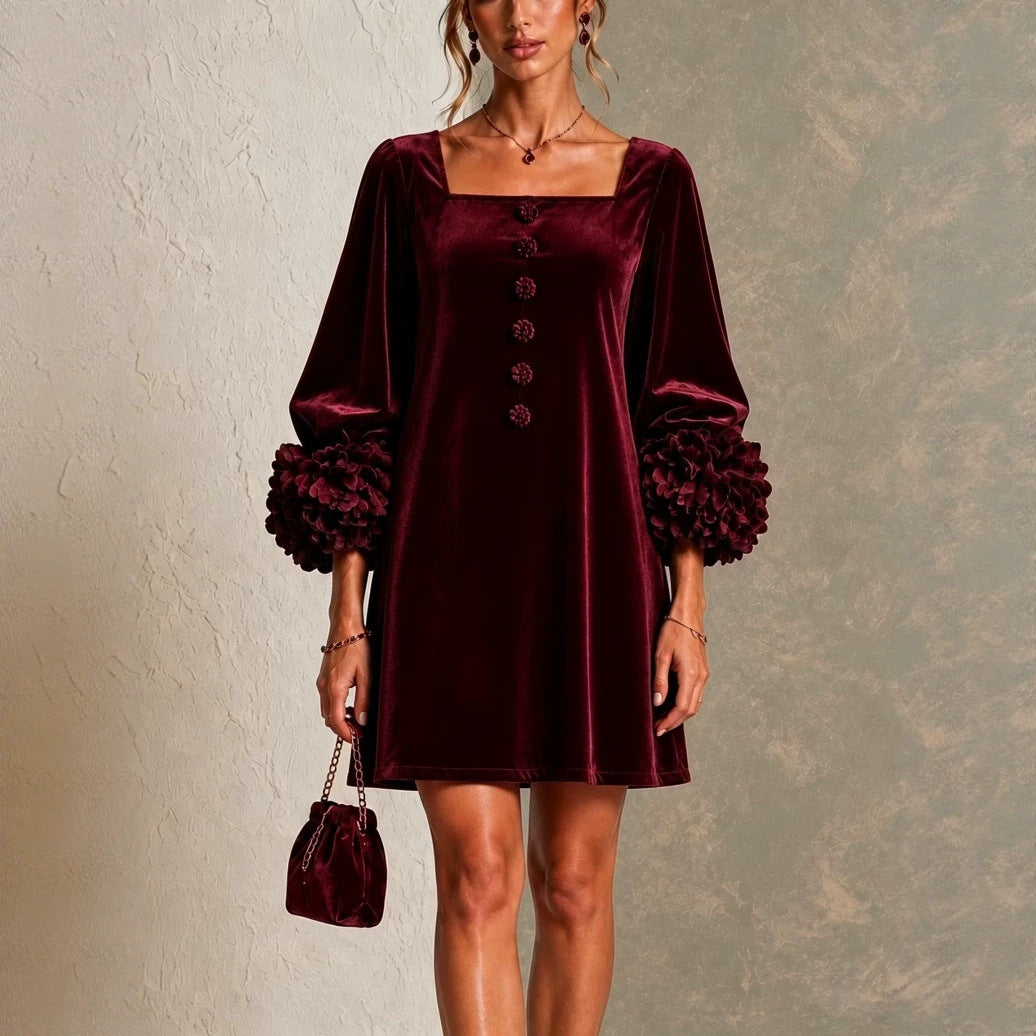Black Velvet Button-front Mini Dress Featuring Striking Floral Cuffs