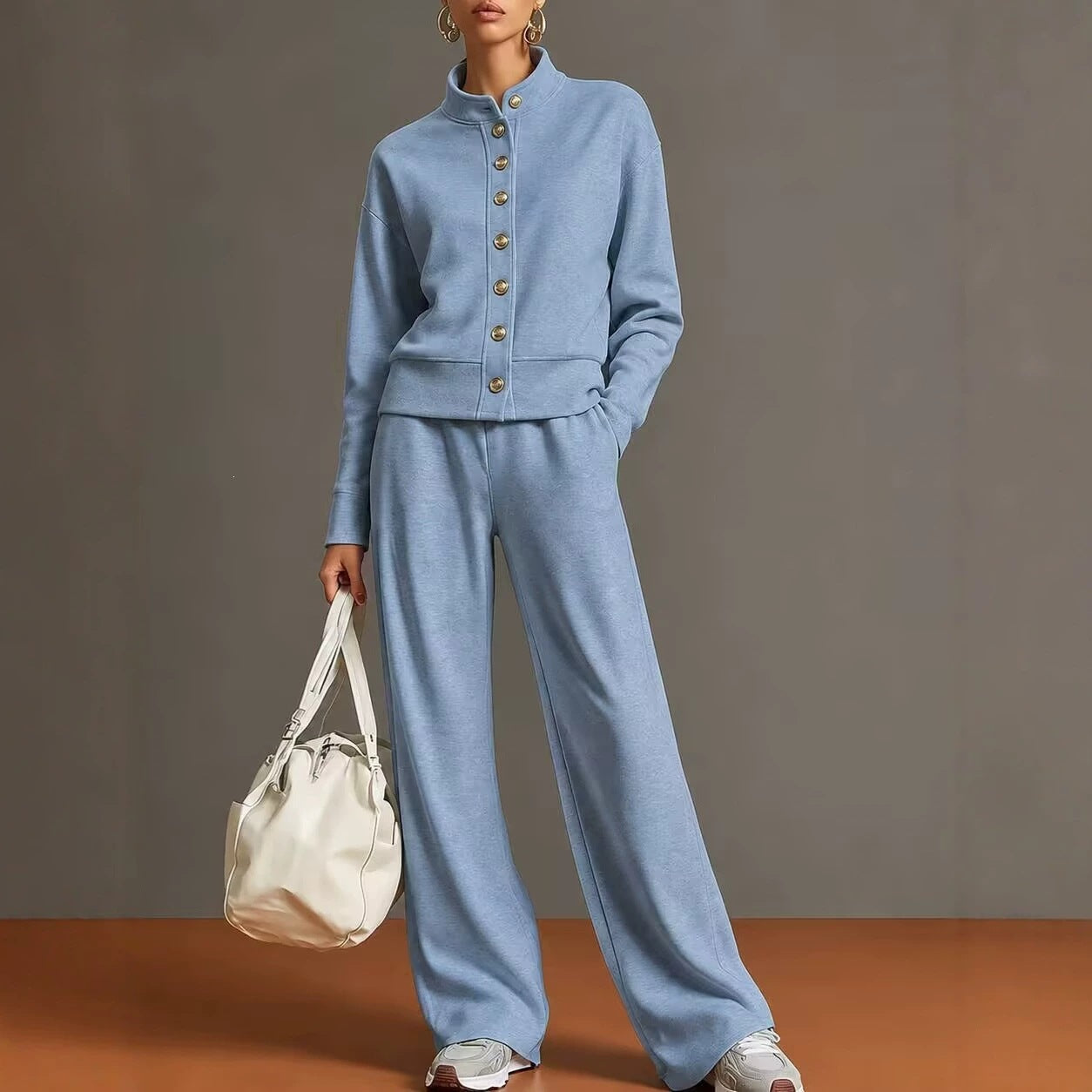 New Solid Color Stand-Up Collar Cardigan Sweatshirt Wide-Leg Pants Suit Independent Station Popular Women