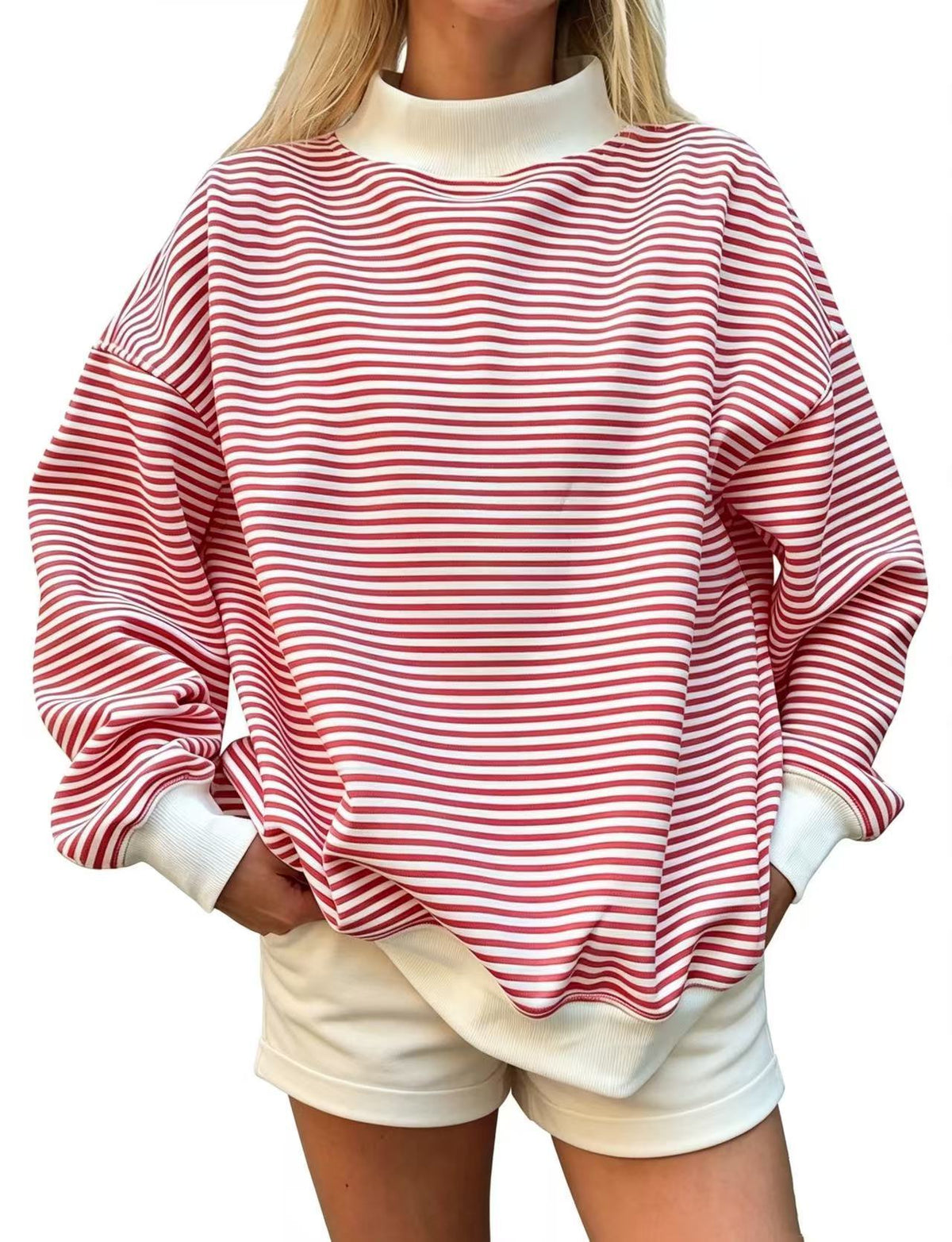 Oversized Striped Mock Neck Sweatshirt
