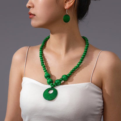 3pcs Jewelry Sets Fashionable Handmade Wood Beaded Necklace and Earrings Women’s Jewelry - Green