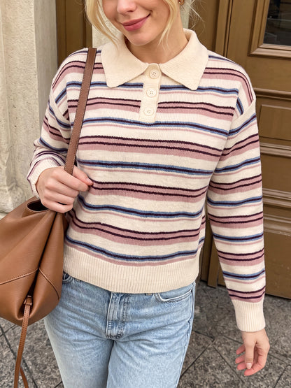 Women's Collared Half Button Colorful Striped Long Sleeve Knit Sweater