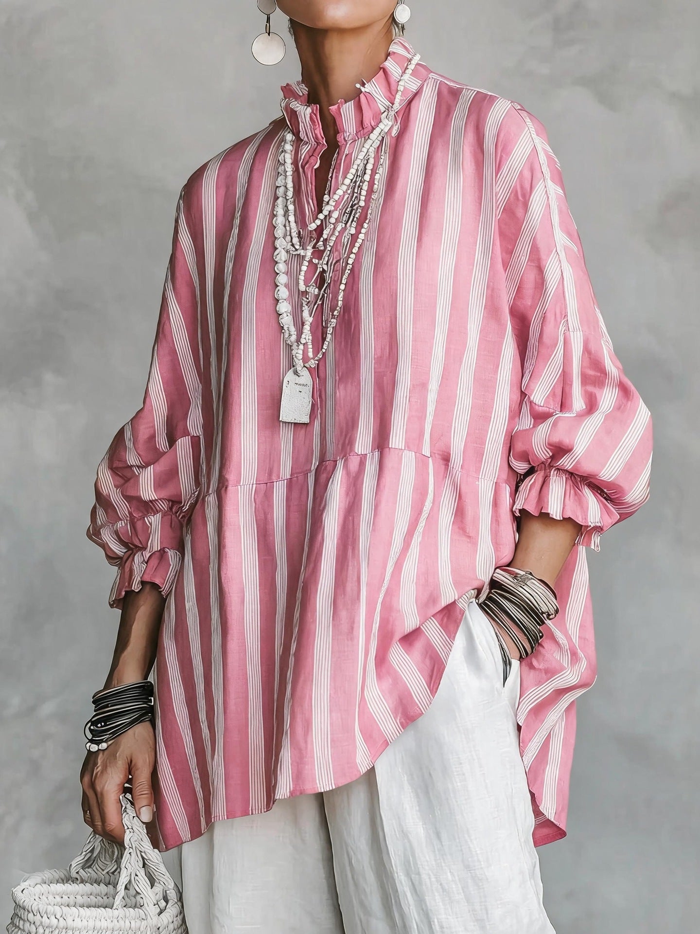 Women's Casual Retro Stand Collar, Vertical Stripes, Linen Blend, Half-Sleeves Loose-Fit Shirt