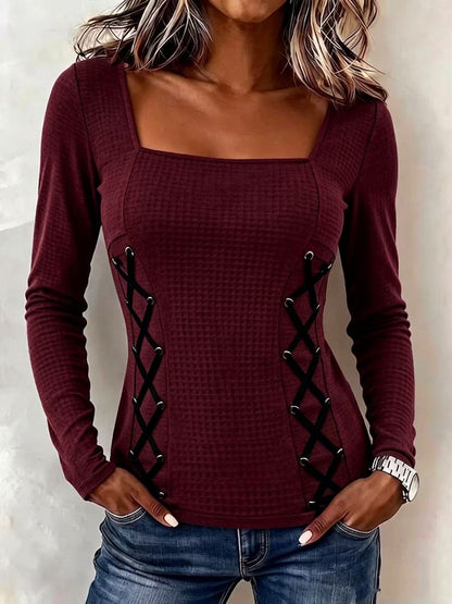 Women's Square Neck Waffle Knit Long Sleeve Top With Side Lace Up Detail