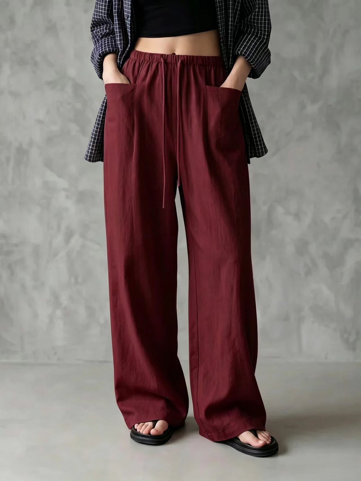 Elastic Drawstring Waist Linen Blend Wide‑Leg Pants