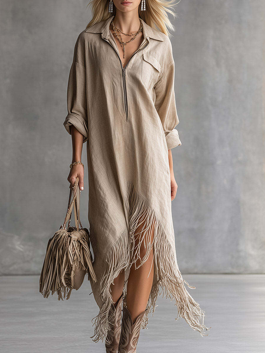 Half Zip Fringe Hem Boho Shirt Dress