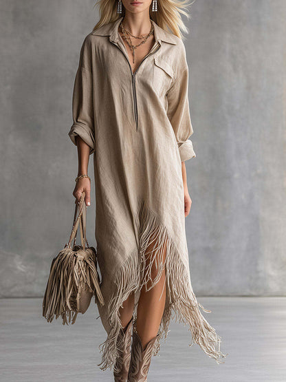 Half Zip Fringe Hem Boho Shirt Dress