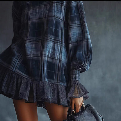 Women's Turtleneck Plaid Long Sleeve Ruffle Hem Tunic Dress