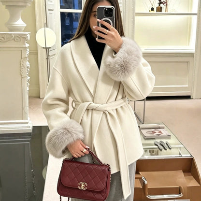 Cozy Belted Wrap Coat with Plush Fur Cuffs