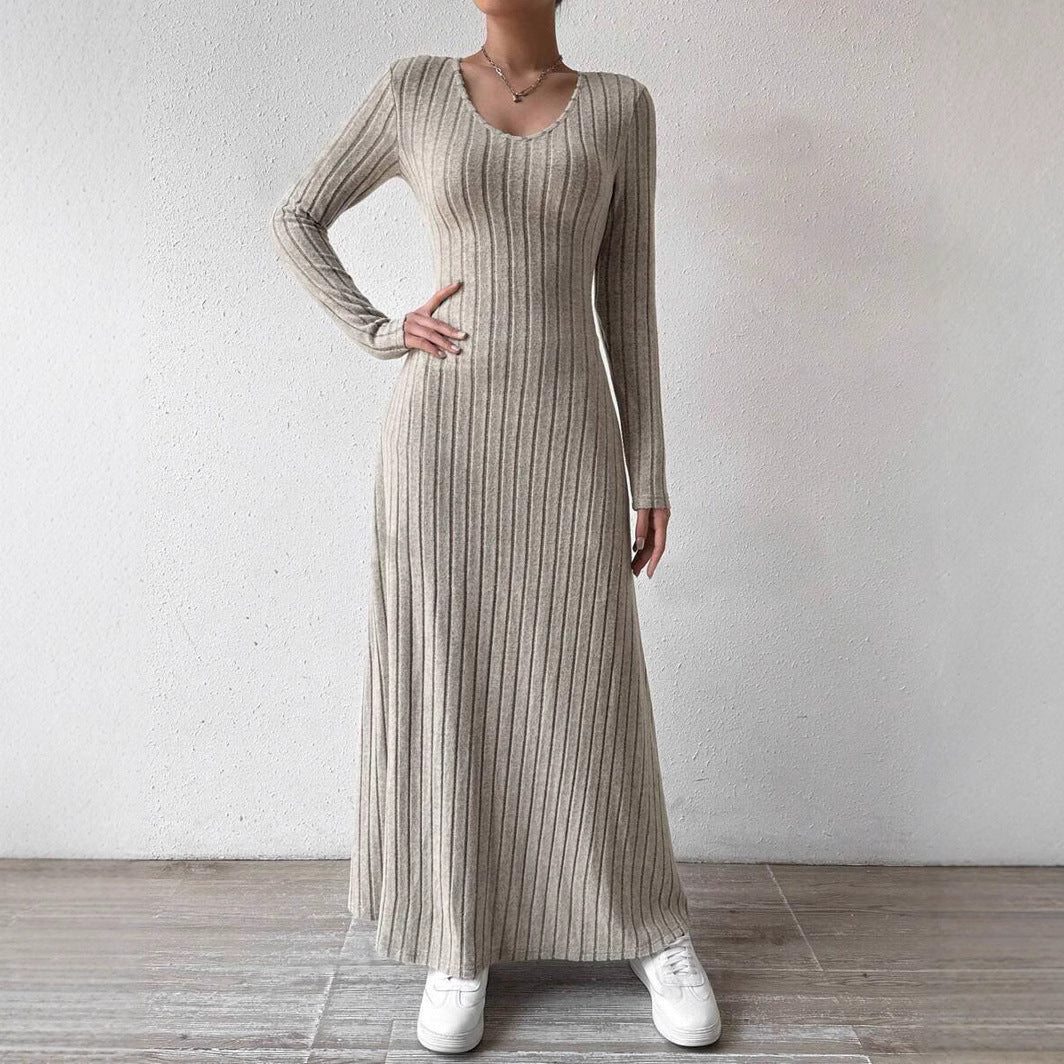 V-Neck Vertical Ribbed Knit Long Sleeve A-Line Maxi Dress