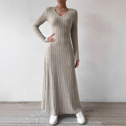 V-Neck Vertical Ribbed Knit Long Sleeve A-Line Maxi Dress