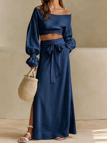 Linen‑Blend Off‑Shoulder Crop Top & Tie‑Waist Slit Maxi Skirt Two‑Piece Set