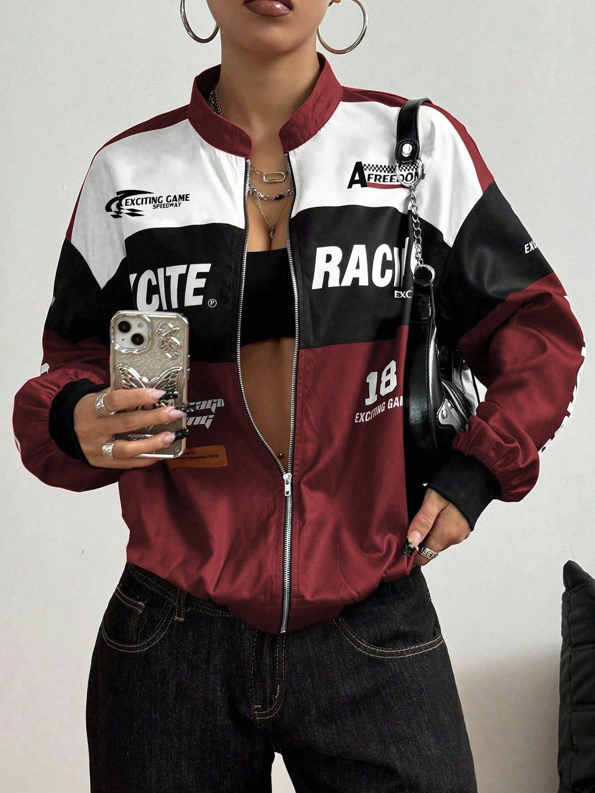 Women Color Block Racing Jacket Zip Up Letter Print Bomber Jacket Y2K Streetwear