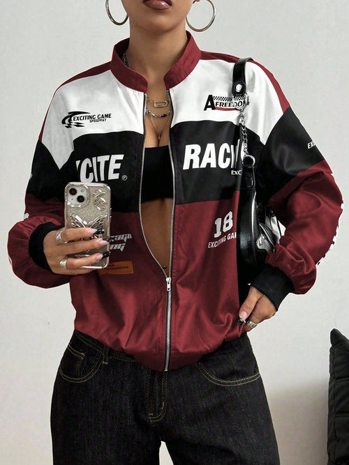 Women Color Block Racing Jacket Zip Up Letter Print Bomber Jacket Y2K Streetwear