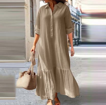 Linen Ruffle Hem Maxi Shirt Dress