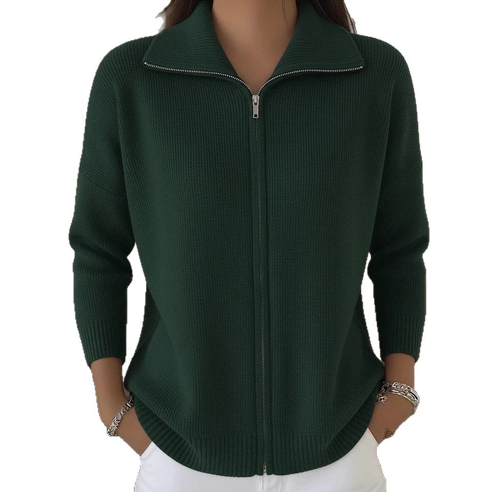 Full Zip Ribbed Knit Collared Cardigan