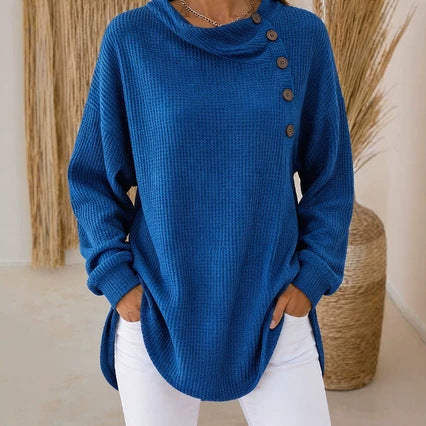 Waffle Knit Cowl Neck Top – Soft Textured Long Sleeve Tunic