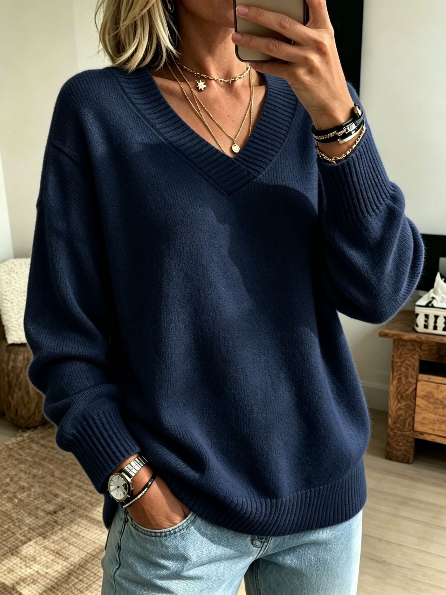Relaxed V-Neck Long Sleeve Knit Sweater