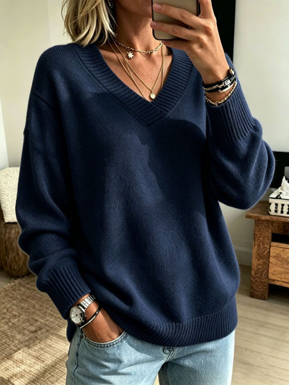 Relaxed V-Neck Long Sleeve Knit Sweater