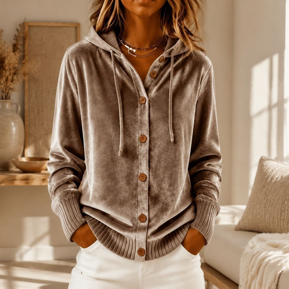 Velvet Hooded Button Front Rib Cuff Cardigan