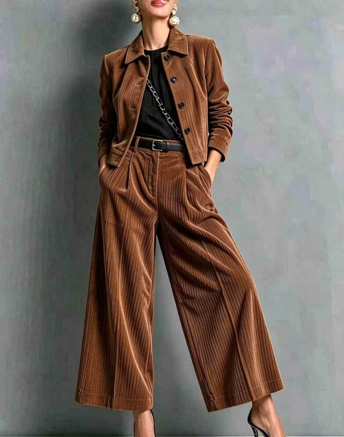 Corduroy Lapel Crop Jacket & High Waist Wide Leg Pants 2 Piece Outfit