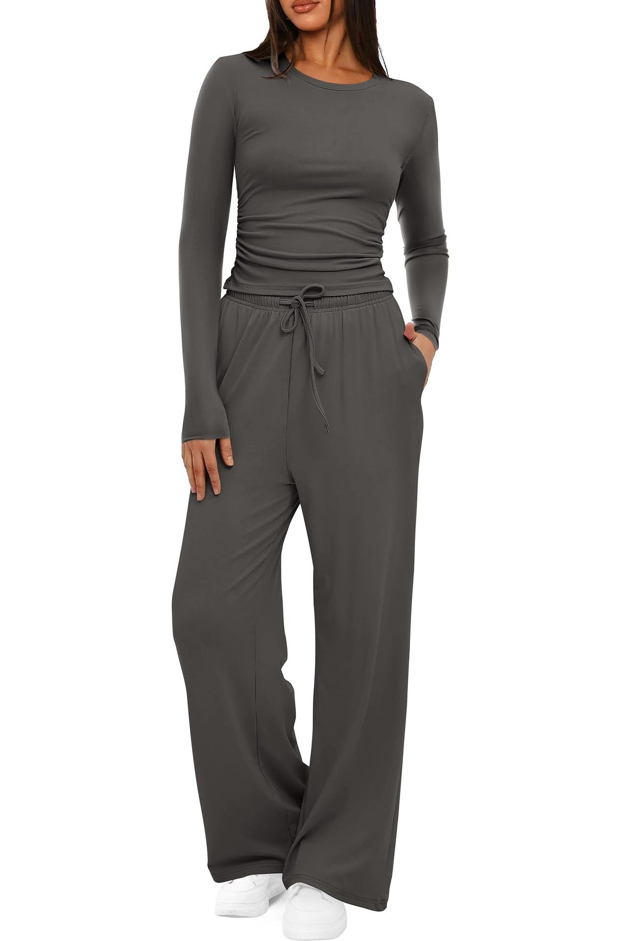 Ruched Long Sleeve Top & Drawstring Waist Pocket Wide Leg Pants Two Piece Set