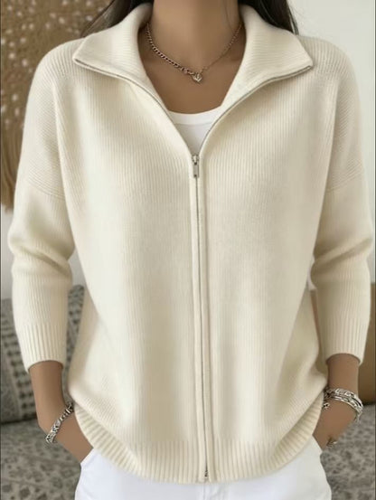 Full Zip Ribbed Knit Collared Cardigan