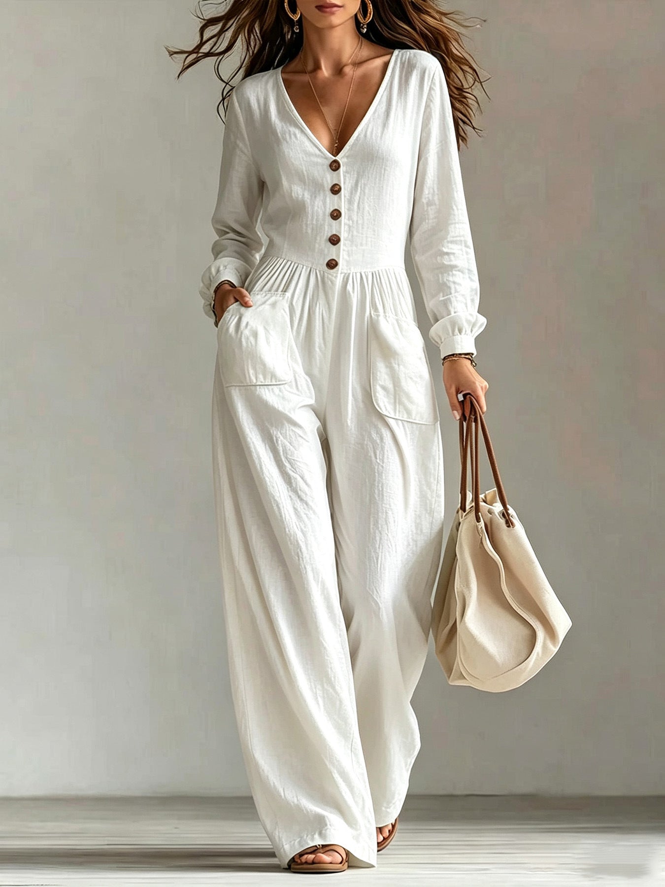 V-Neck Button Front Wide Leg Jumpsuit