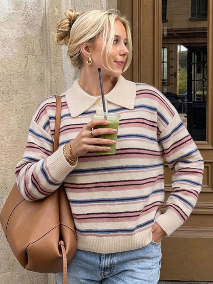 Women's Collared Half Button Colorful Striped Long Sleeve Knit Sweater