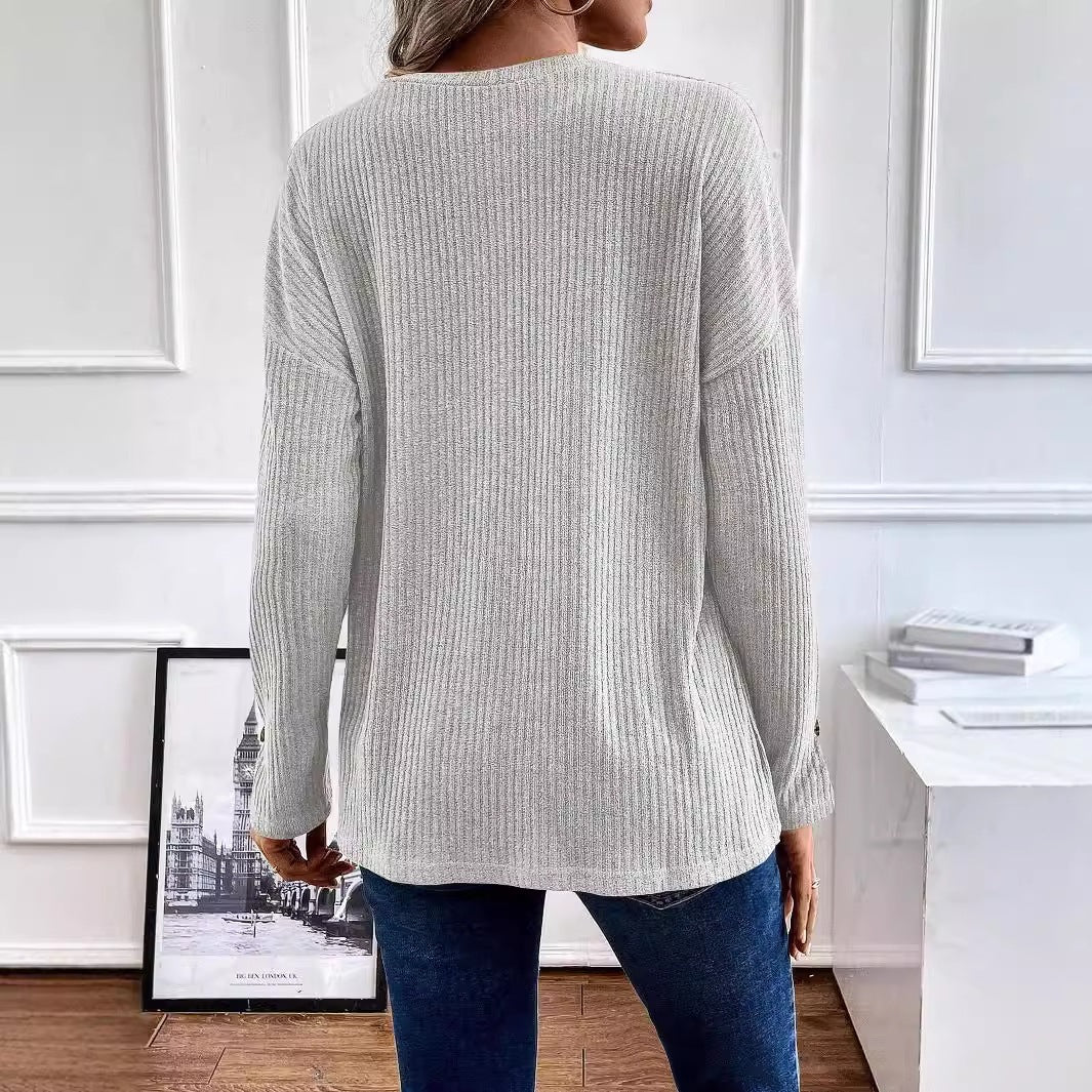 Vertical Rib Knit Henley Half Button Drop Shoulder Long Sleeve Casual Top