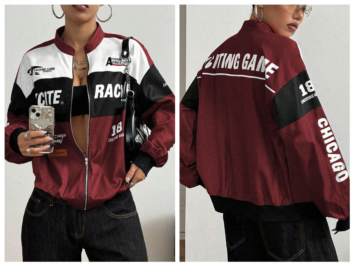 Women Color Block Racing Jacket Zip Up Letter Print Bomber Jacket Y2K Streetwear