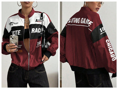 Women Color Block Racing Jacket Zip Up Letter Print Bomber Jacket Y2K Streetwear