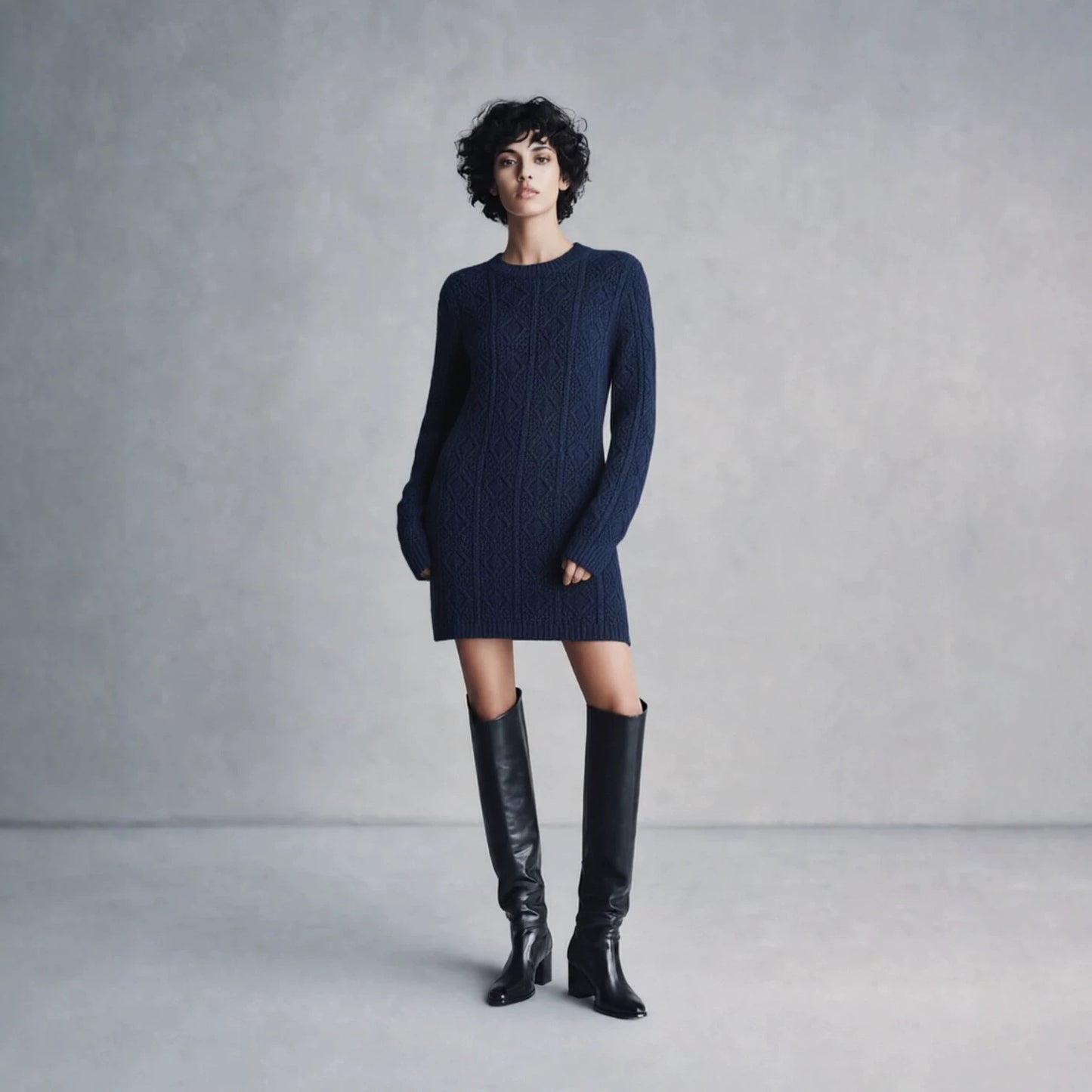 Cable Knit Crew Neck Long Sleeve Mini Sweater Dress