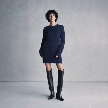 Cable Knit Crew Neck Long Sleeve Mini Sweater Dress