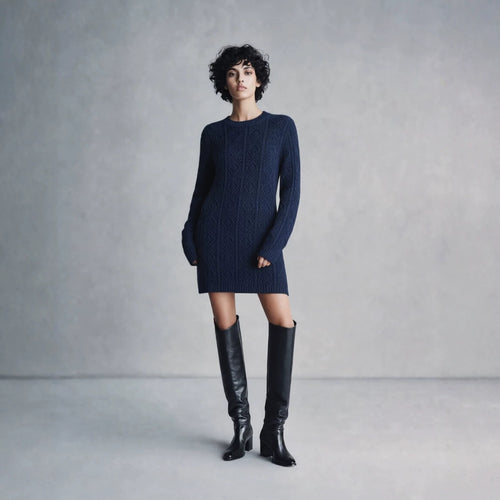 Cable Knit Crew Neck Long Sleeve Mini Sweater Dress