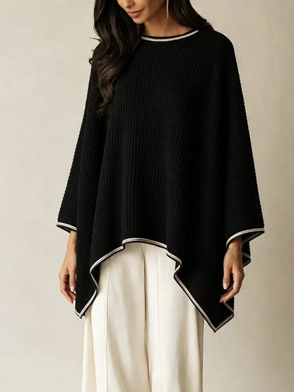 Ribbed Knit Poncho & Wide Leg Pants Two Piece Set