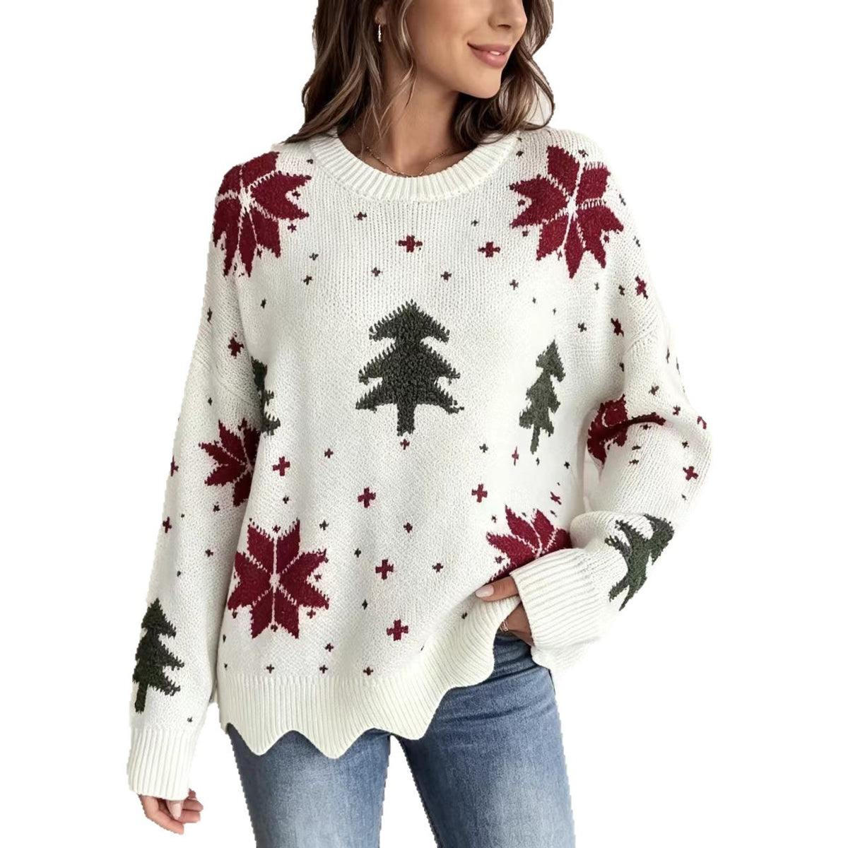 Christmas Tree & Snowflake Pattern Scalloped Hem Oversized Knit Sweater