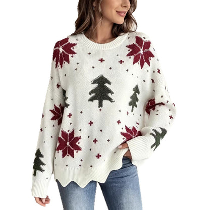 Christmas Tree & Snowflake Pattern Scalloped Hem Oversized Knit Sweater
