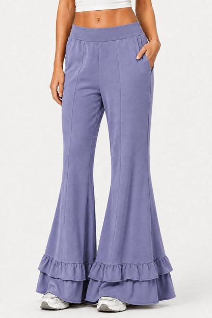 High Waist Front Seam Double Ruffle Hem Flare Knit Pants