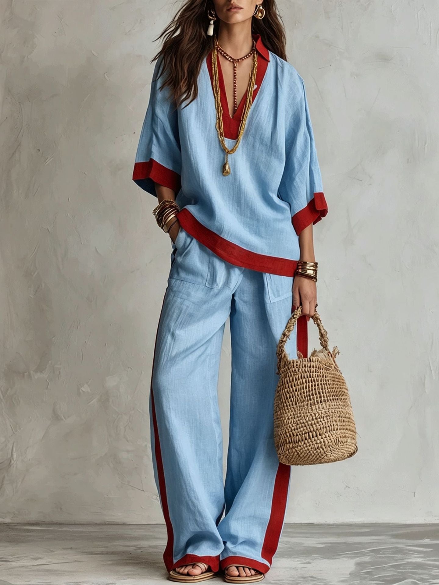 Contrast Trim Linen Two Piece Set