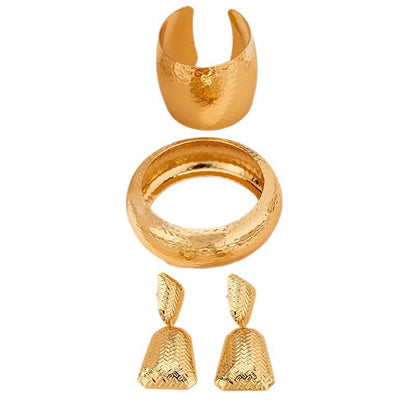 Hammered Textured Gold Jewelry 3-Piece Set | Drop Earrings + Wide Cuff Bangle + Dome Bracelet - T493