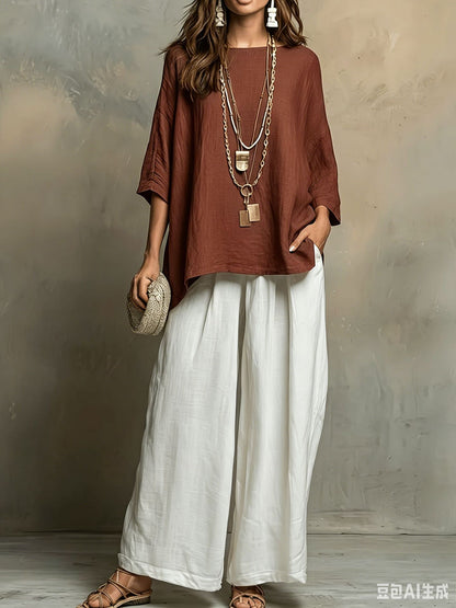 Linen Oversized Top & White Wide Leg Pants Two Piece Linen Set