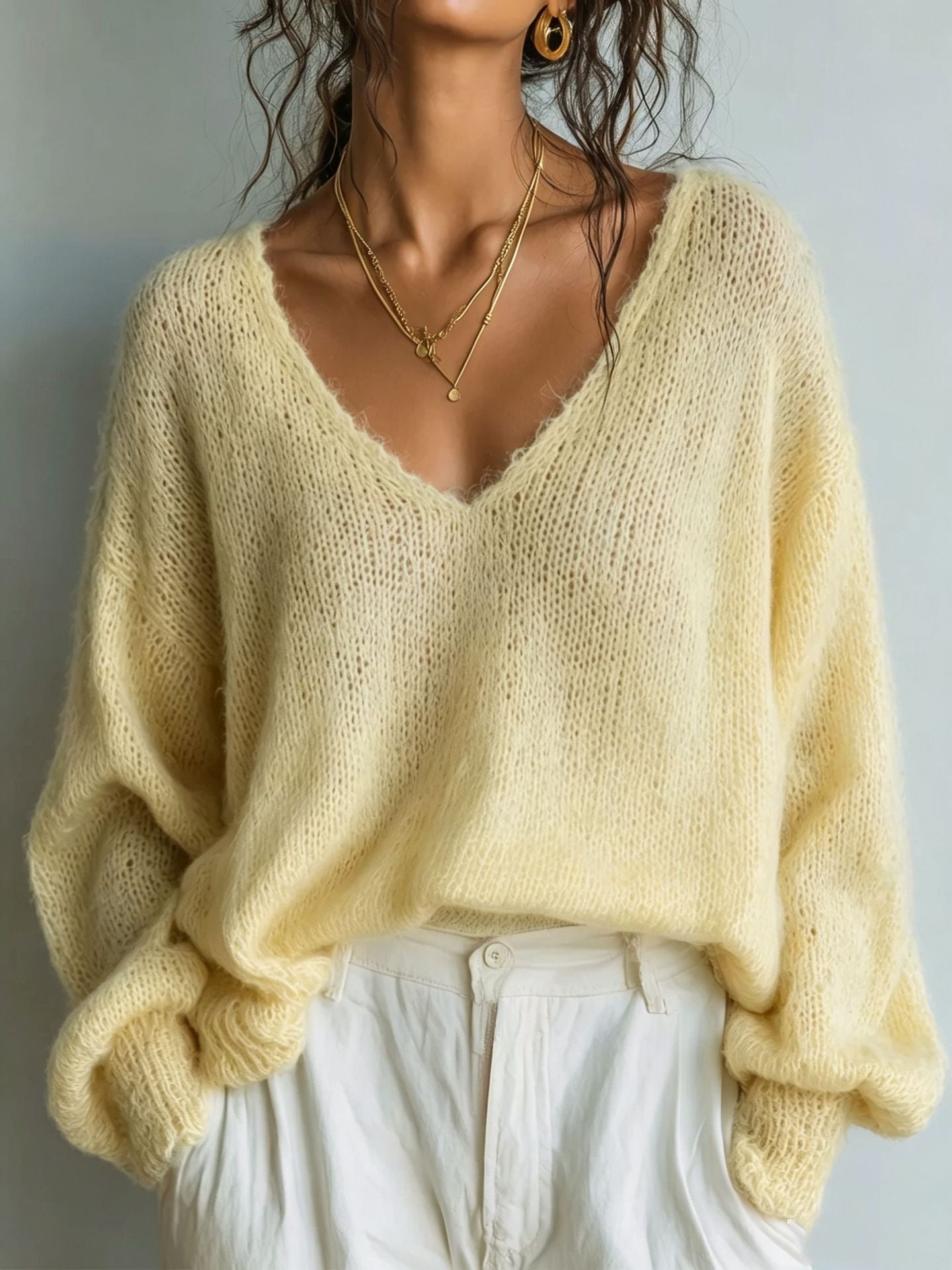 Lightweight Knit V-Neck Relaxed Sweater