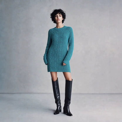 Cable Knit Crew Neck Long Sleeve Mini Sweater Dress