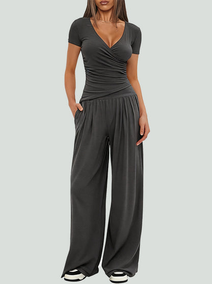 Women Solid Wrap V Neck Ruched Long Sleeve Top Elastic High Waist Pocket Wide Leg Casual Loungewear Co-ord Set