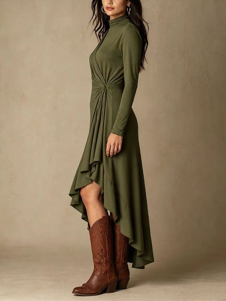Mock Neck Wrap Dress with Asymmetric Ruffle Hem