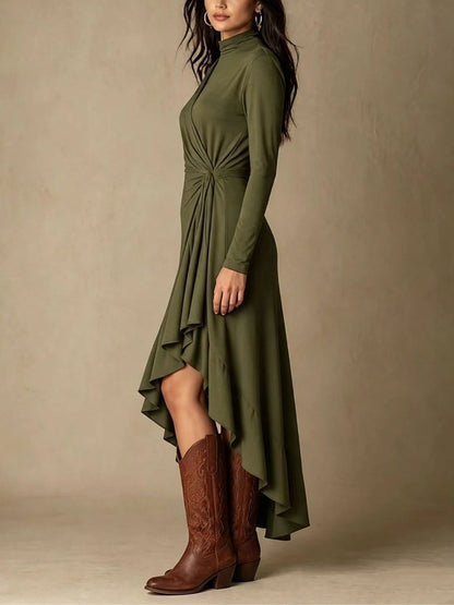 Mock Neck Wrap Dress with Asymmetric Ruffle Hem
