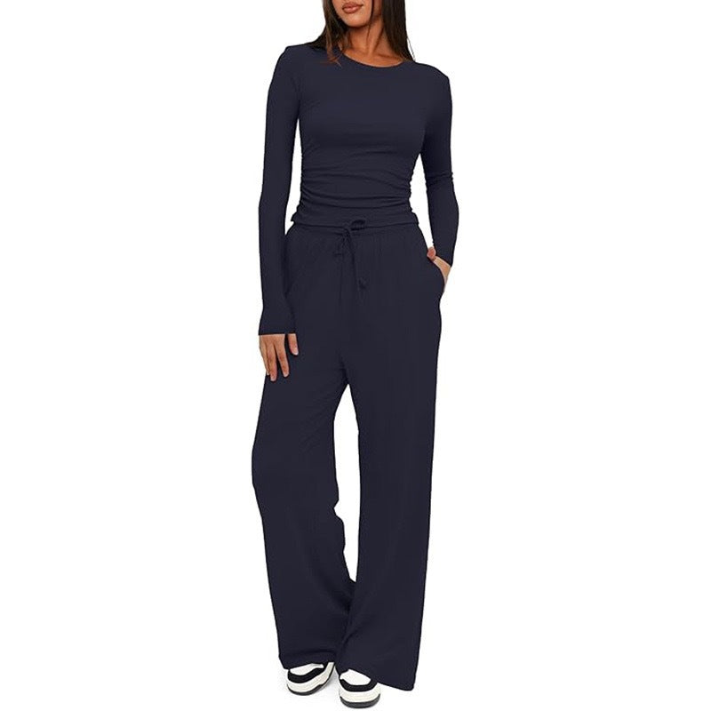Ruched Long Sleeve Top & Drawstring Waist Pocket Wide Leg Pants Two Piece Set